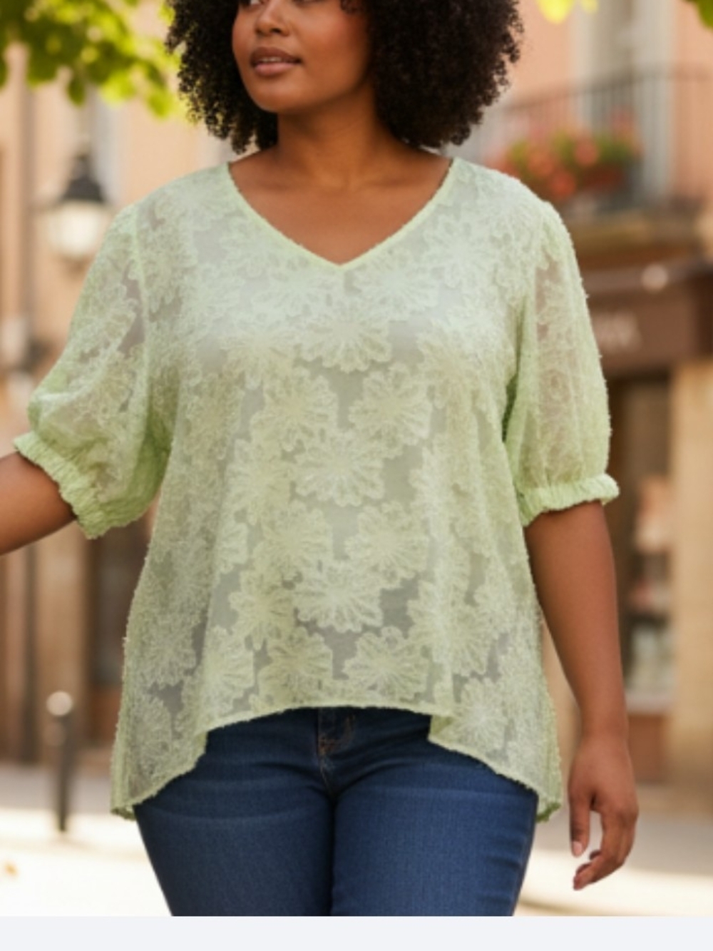 Light Green Floral Lace V-Neck Women's Top